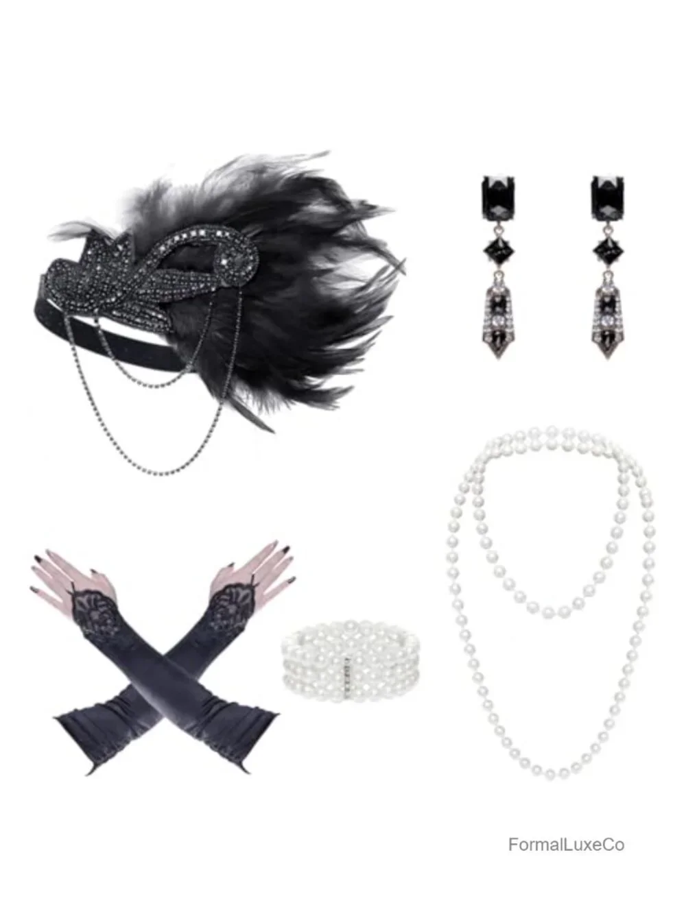 Gatsby Costume Accessory Set Flapper Headband Pearl Necklace Bracelet Gloves